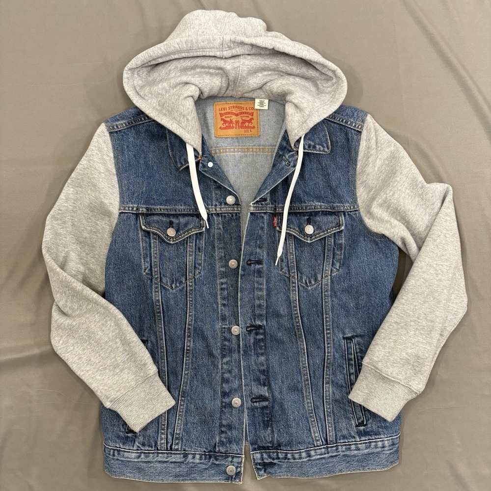 Levis Hooded Trucker Jacket Mens Large Blue Denim Grey Jersey Sleeve Hybrid